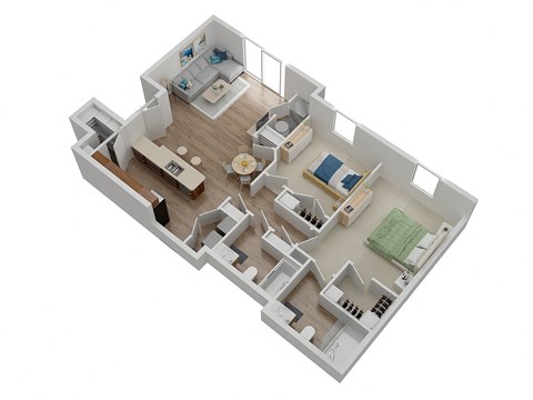 Floor plan for 2 beds, 2 baths, 1129 sqft